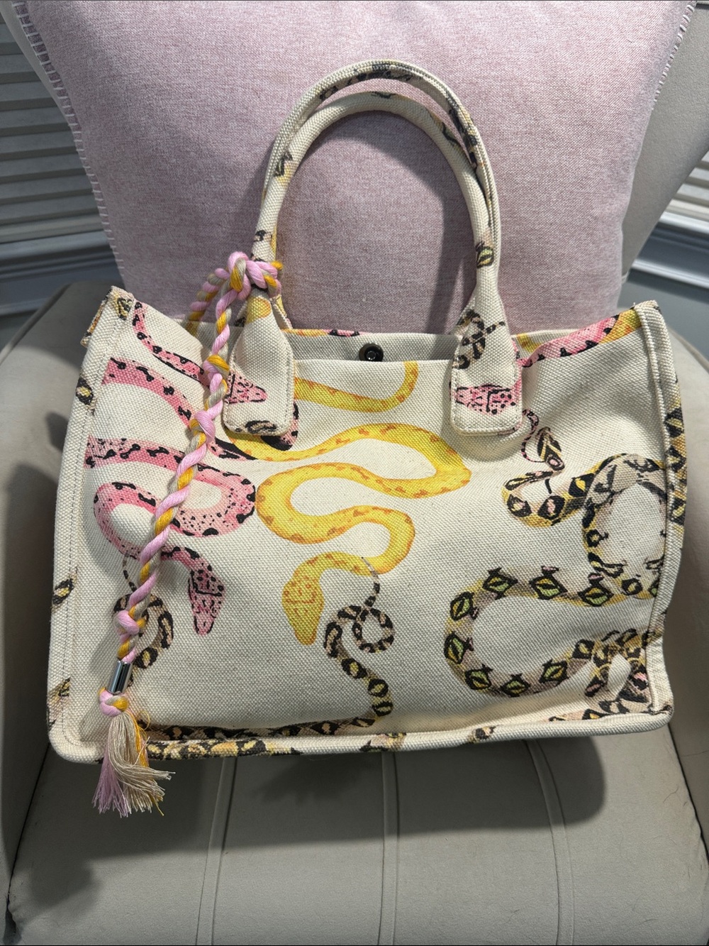 Vince Camuto Orla Tote - Beige Canvas Tote Bag with Yellow & Pink Snake Print